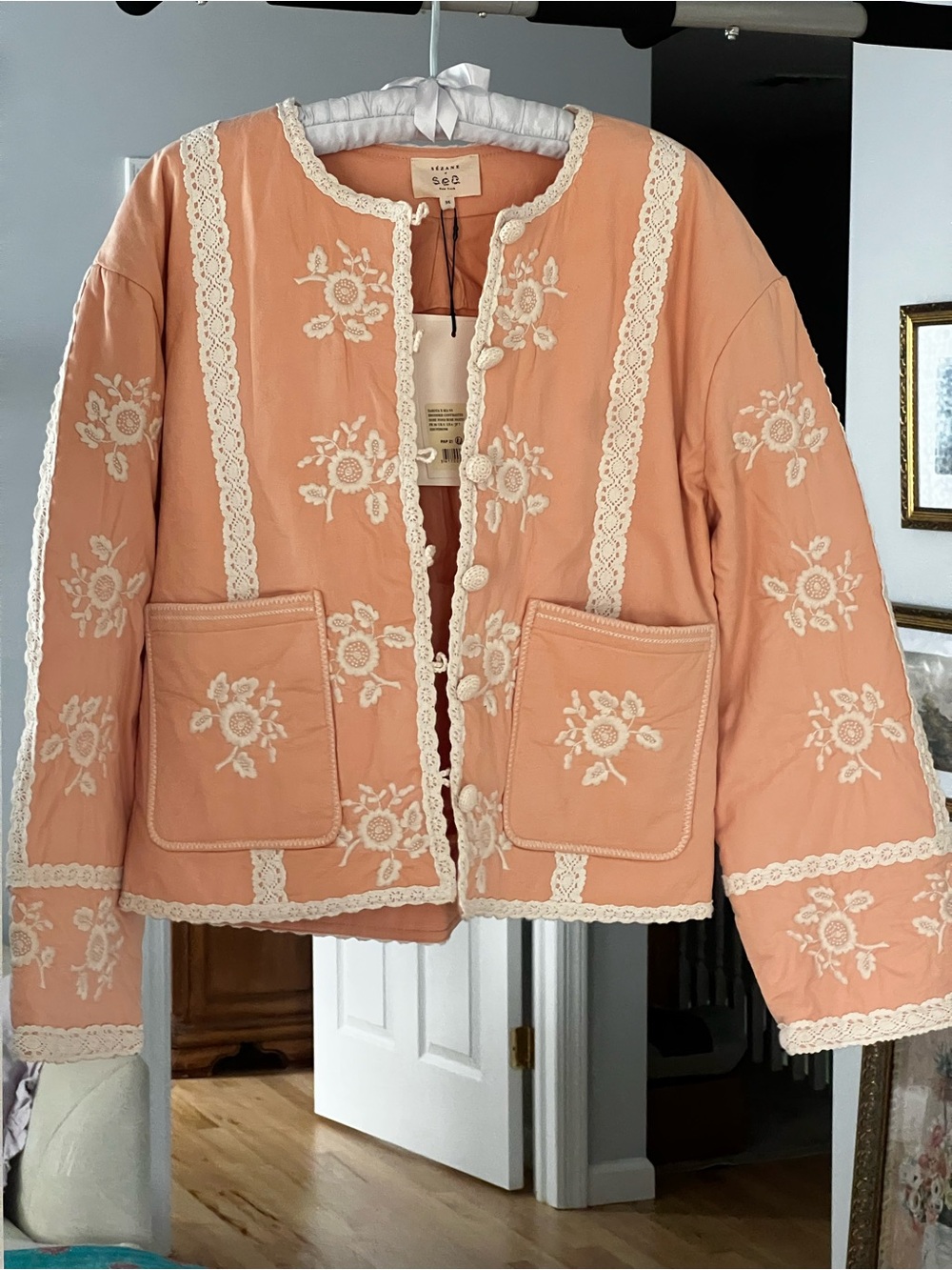 Sezane Peach Embroidered Lace-Trim Jacket